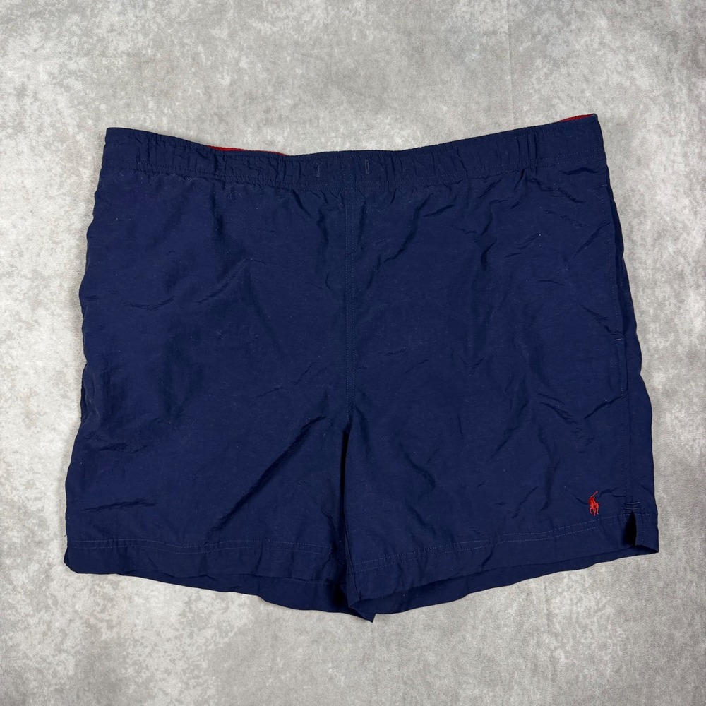 VTG 90s Polo Ralph Lauren Mens Large Navy Blue Nylon Swim Trunks Red‎ Pony Logo